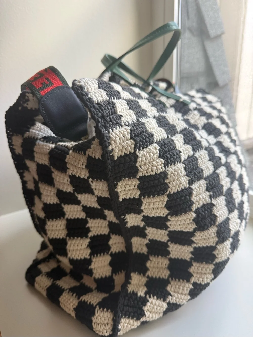 Clare V. Woven Checkerboard Tote with Red Logo Strap and Green Handles